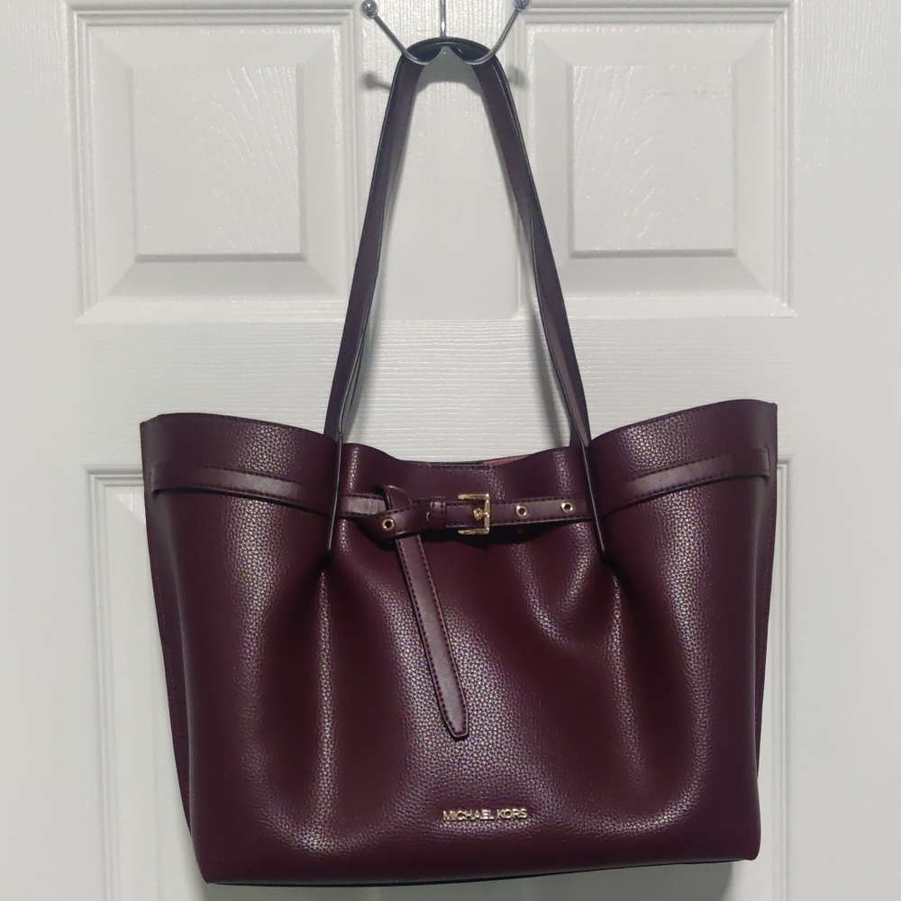Michael Kors Emilia Deep Plum Pebbled Leather Tote with Gold Hardware